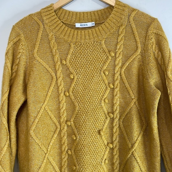 Rickis Popcorn Cable Knit Sweater Mustard Yellow Pullover Long Sleeve Crewneck M - Picture 3 of 11